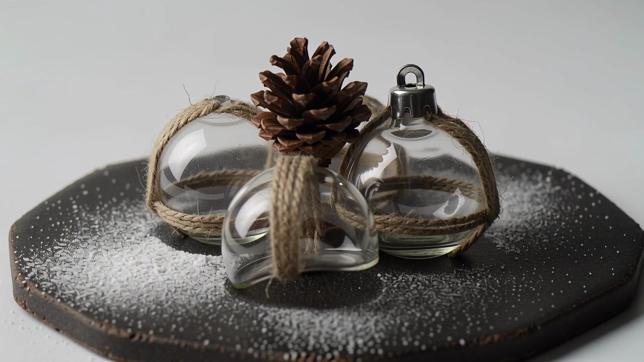 Shifting camera moving 3 glass baubles on octagon base closer highlighting reflections and pinecone