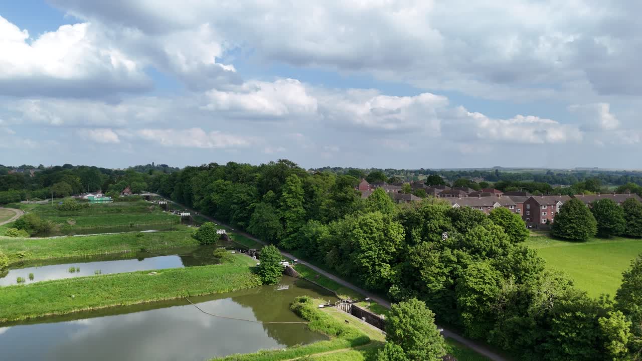 Caen Hill Locks Devizes Kennet and Avon Canal UK drone,aerial low angle