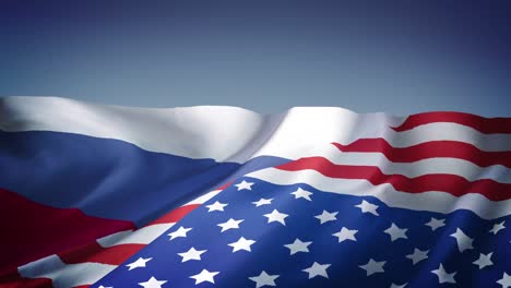 animation of waving combined flag of russia and united states with blue background