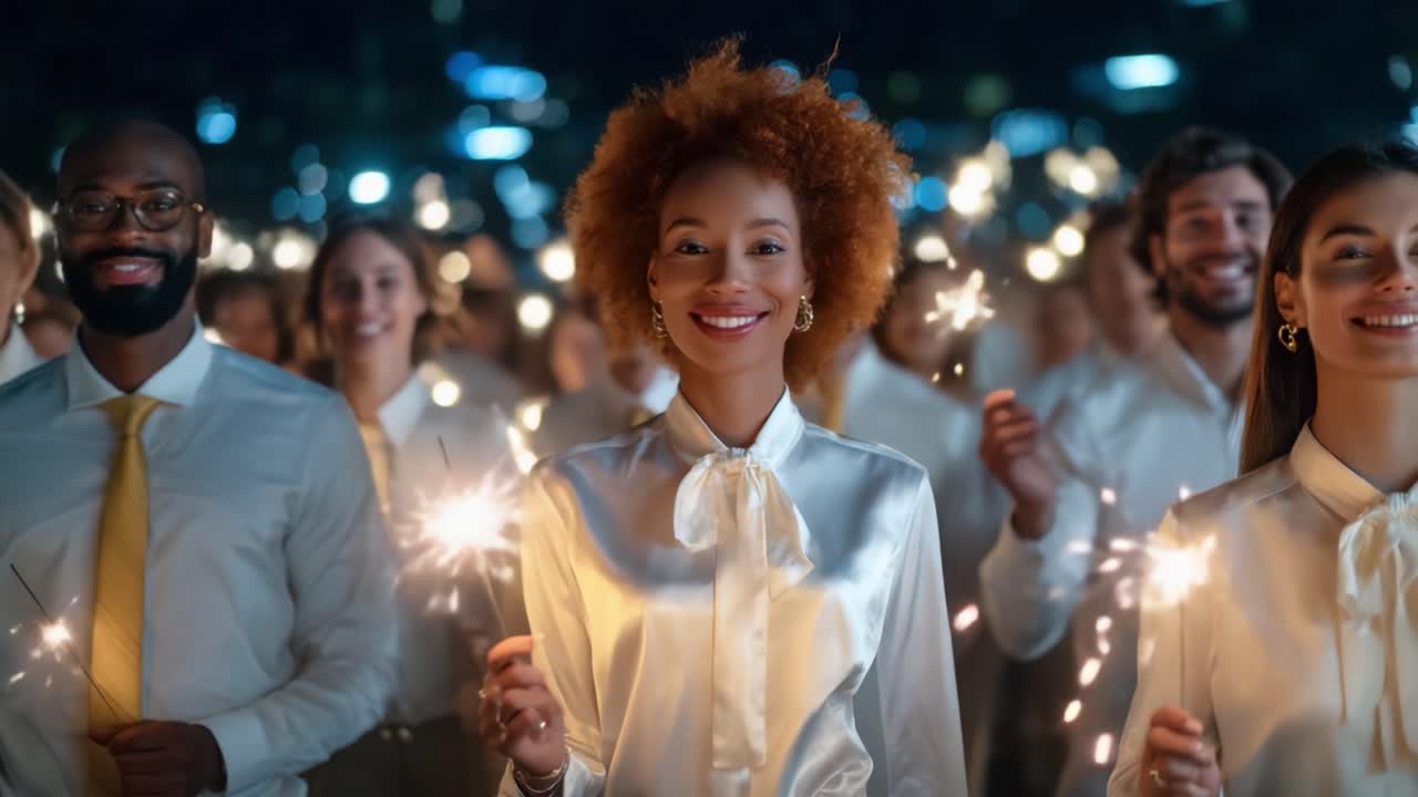A Joyful Gathering of Diverse Individuals Celebrating Together with Sparklers at Night, Illuminated by a Glimmer of Light and Happiness, Finding Unity in Shared Moments of Celebration