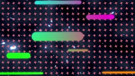 animación de barras multicolores sobre símbolos x giratorios contra patrones iluminados