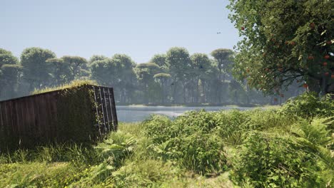 old, abandoned, rusted containers inside a forest with a river, 3d animation, animated scene, camera zoom in