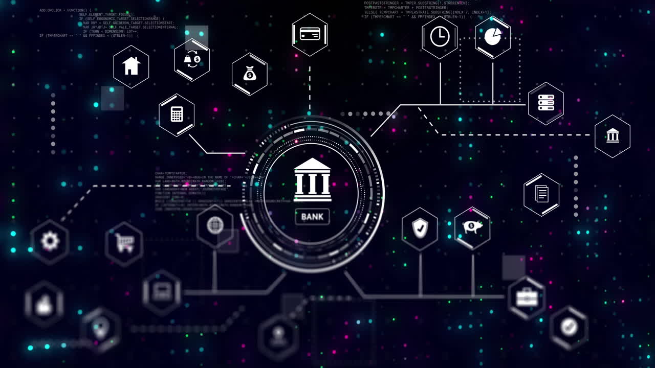 Animation of bank icon with digital network and financial technology symbols