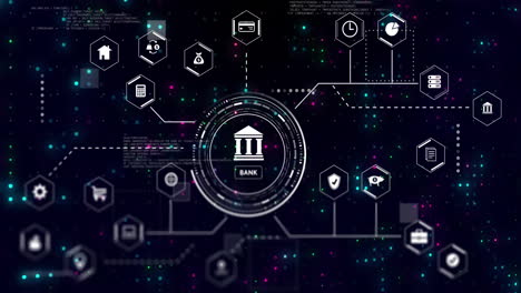 animation of bank icon with digital network and financial technology symbols