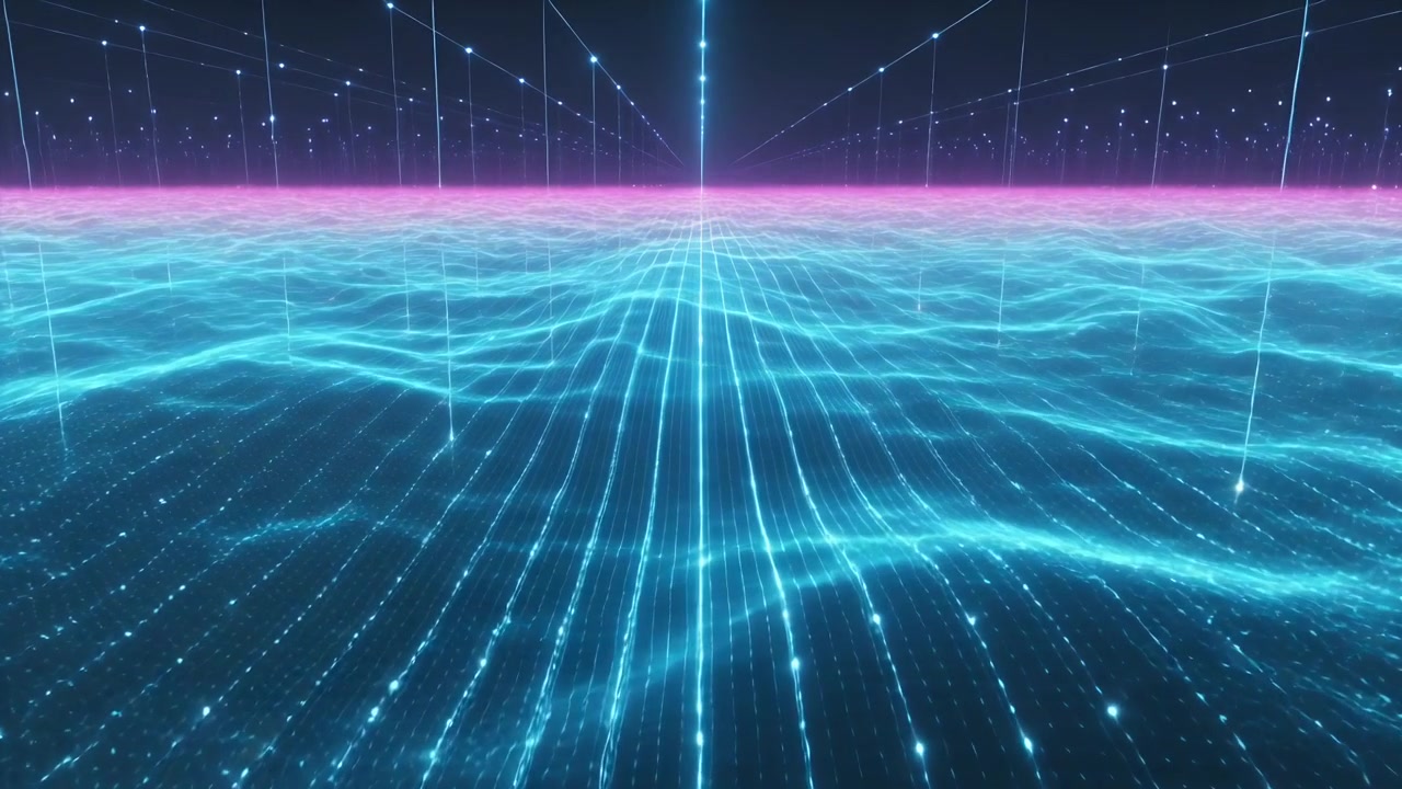 Starting cyan grid sending dots up light pillars toward horizon, pink band creating depth in VR