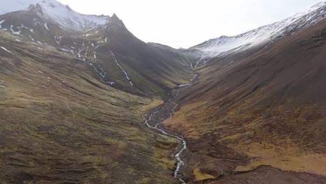 Aerial-drone-fly-through-small-river-water-flow-between-Iceland-volcanic-mounts