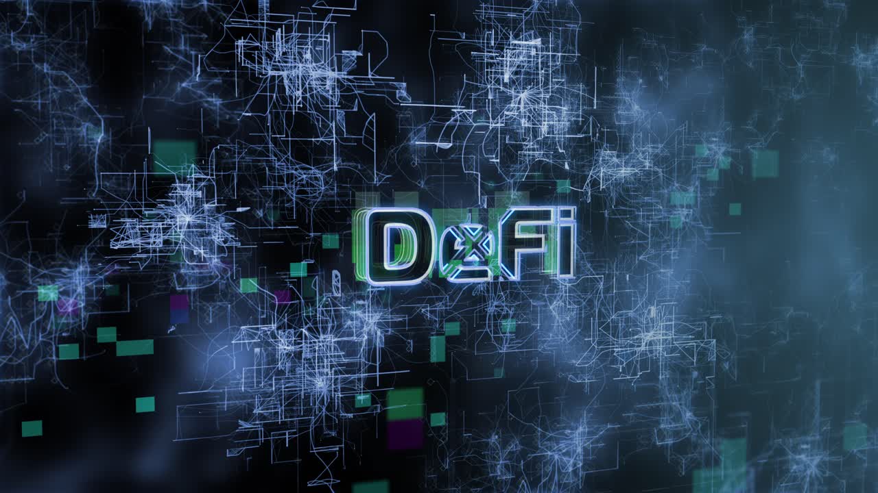 el texto del concepto defi revela la animación con la representación 3d de fondo abstracto digital para blockchain, metaverse, cryptocurrency