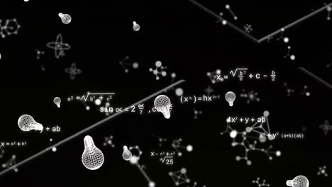 Animation-of-light-bulb-icons-and-mathematical-equations-over-molecules-on-black-background