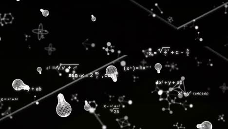 animation of light bulb icons and mathematical equations over molecules on black background