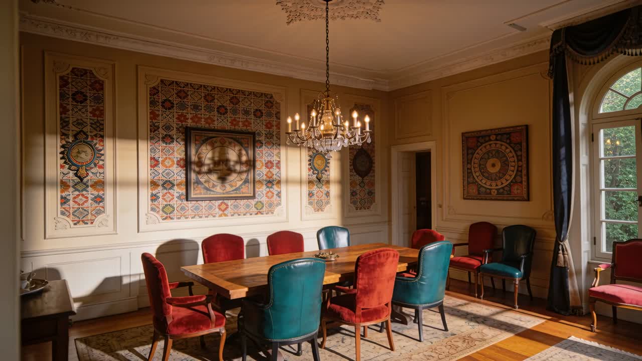 Panning camera revealing wooden dining table, teal red chairs in formal room, showing room plan