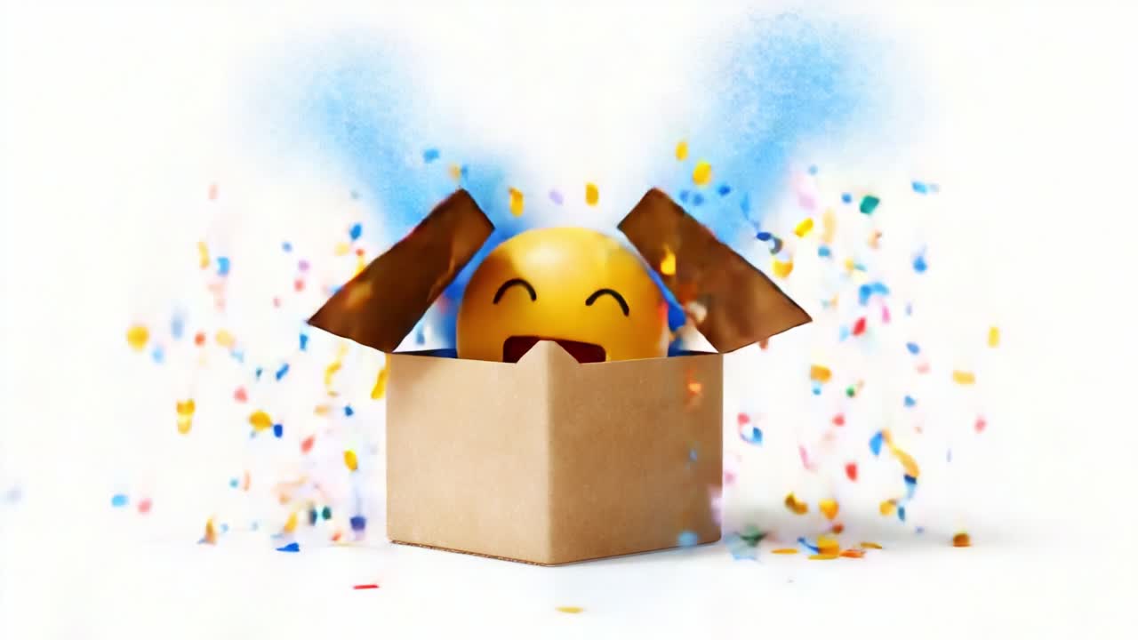 A joyful emoji emerges from a colorful confetti-filled box, radiating happiness and celebration, symbolizing joy, surprise, and the excitement of new beginnings in a vibrant atmosphere