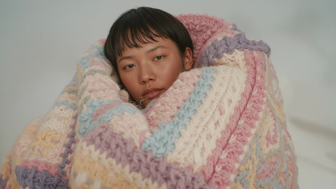 Pulling back lens revealing Asian model sitting on studio cushion wrapped in pastel crochet blanket