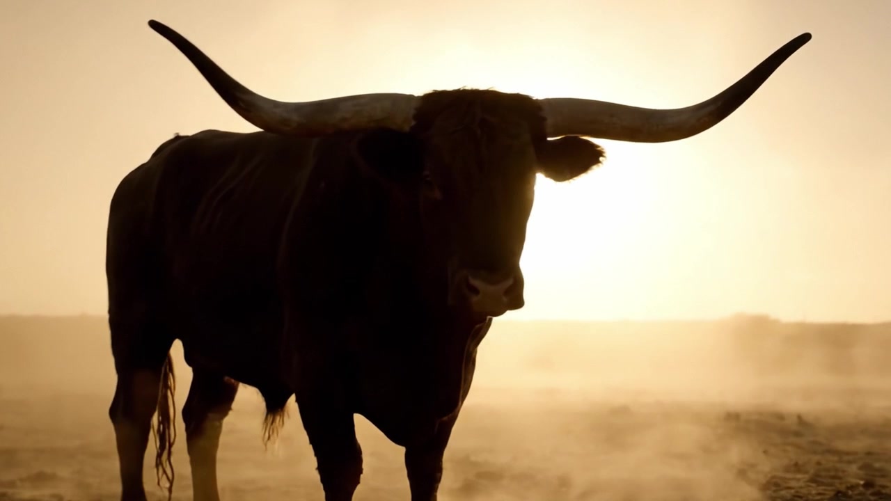 Toro maestoso in silhouette contro un tramonto dorato, che ritrae forza e grazia in un paesaggio polveroso