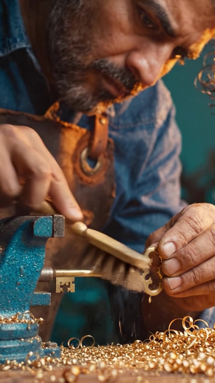 Artisan Craftsman Skillfully Polishing a Beautiful Golden Key in Workshop, Showcasing Precision Tools and Expertise in Metalwork and Craftsmanship.
