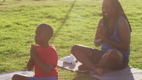 video of african american father and son practicing yoga on grass on sunny day