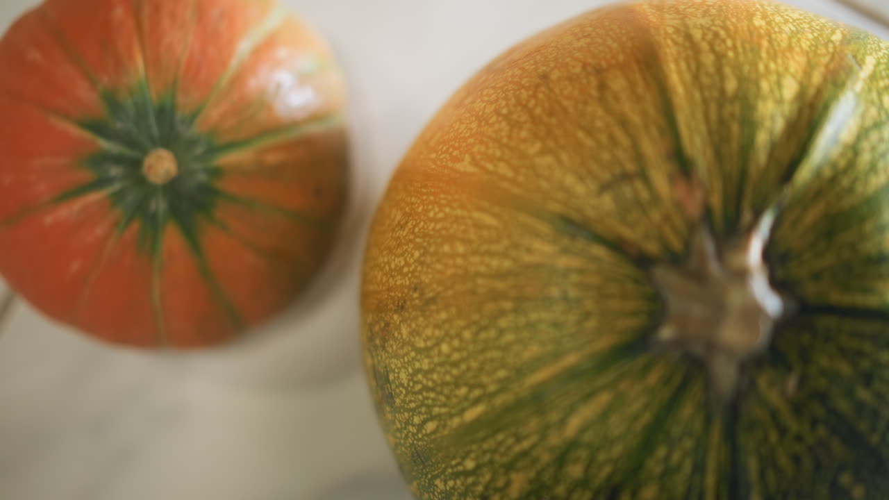 Ambiente cucina moderno con zucca fresca dal design unico del gambo. Vista dettagliata di una zucca verde vibrante con gambo a forma di stella sotto la luce del giorno in un contesto di cucina contemporaneo.