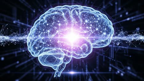a stunning visualization of a human brain illuminated with dynamic light effects, representing neural connections and cognitive processes in futuristic environments