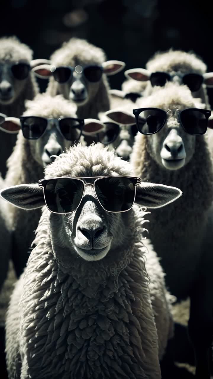 A group of sheep wearing sunglasses, shot from a low angle