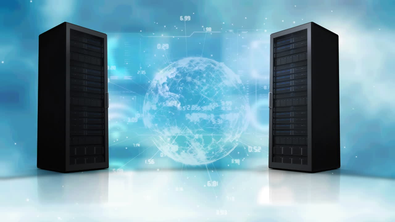 Animation of globe and computer servers with data processing and network of connections