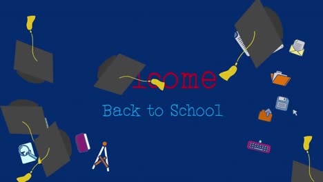 -Welcome-back-to-school-text-and-School-icons-against-graduations-hats-falling
