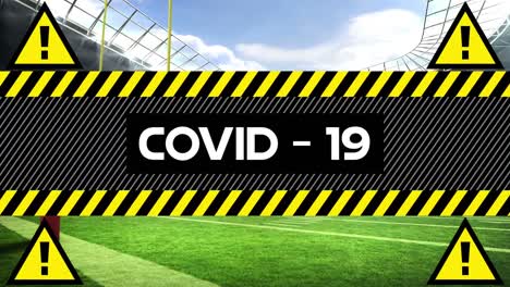 animation of word covid19 with soccer stadium in background