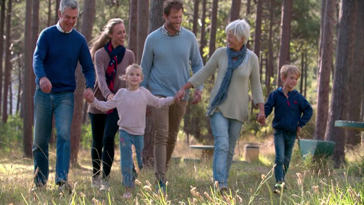 Multi generation family walking in countryside, slow motion