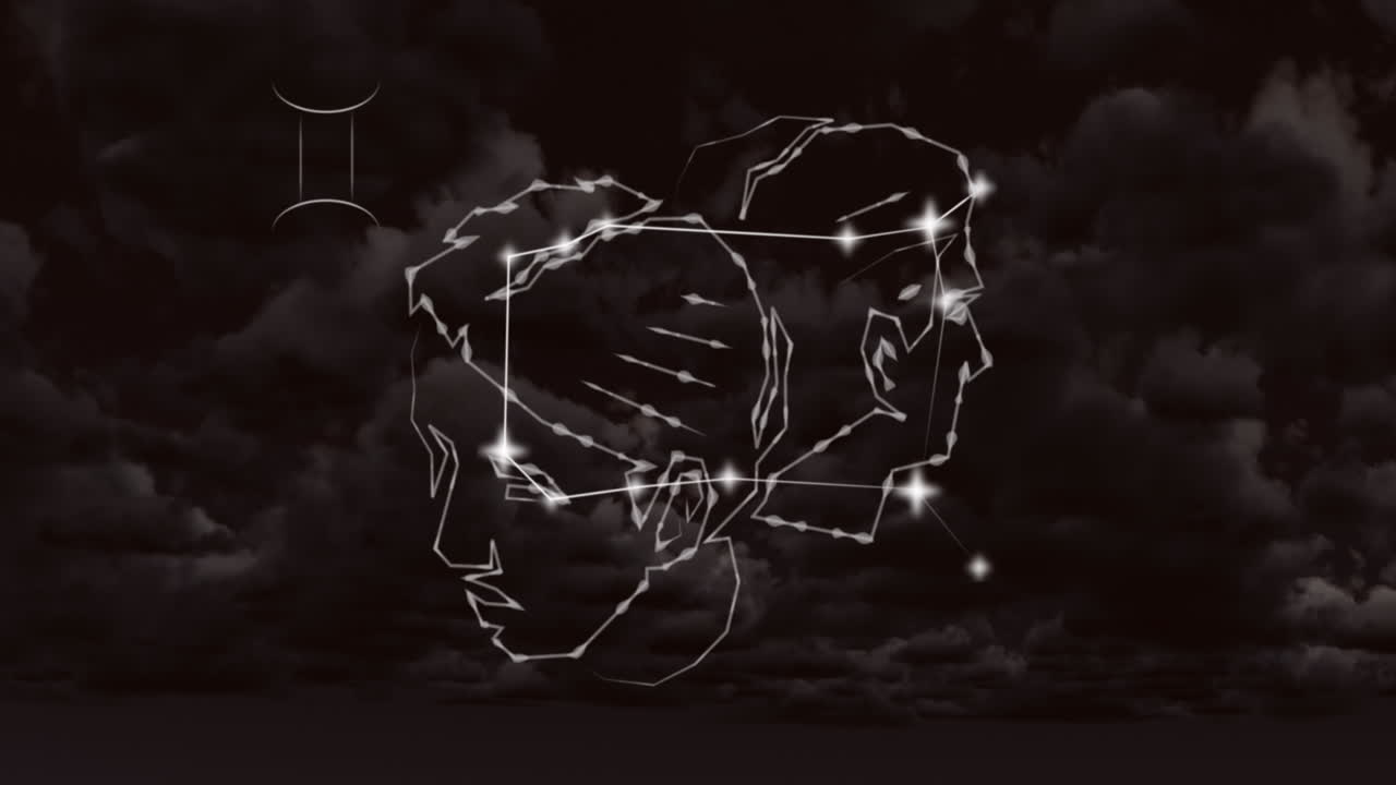 animación del signo de la estrella gemini en nubes de humo en el fondo