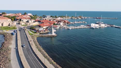 Aerial-pan-shot-over-ancient-city-of-Nesebar-on-Black-Sea-coast,-Bulgaria