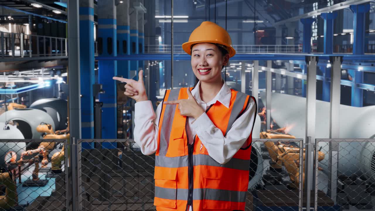 산업 공장을 가리키는 여성 엔지니어