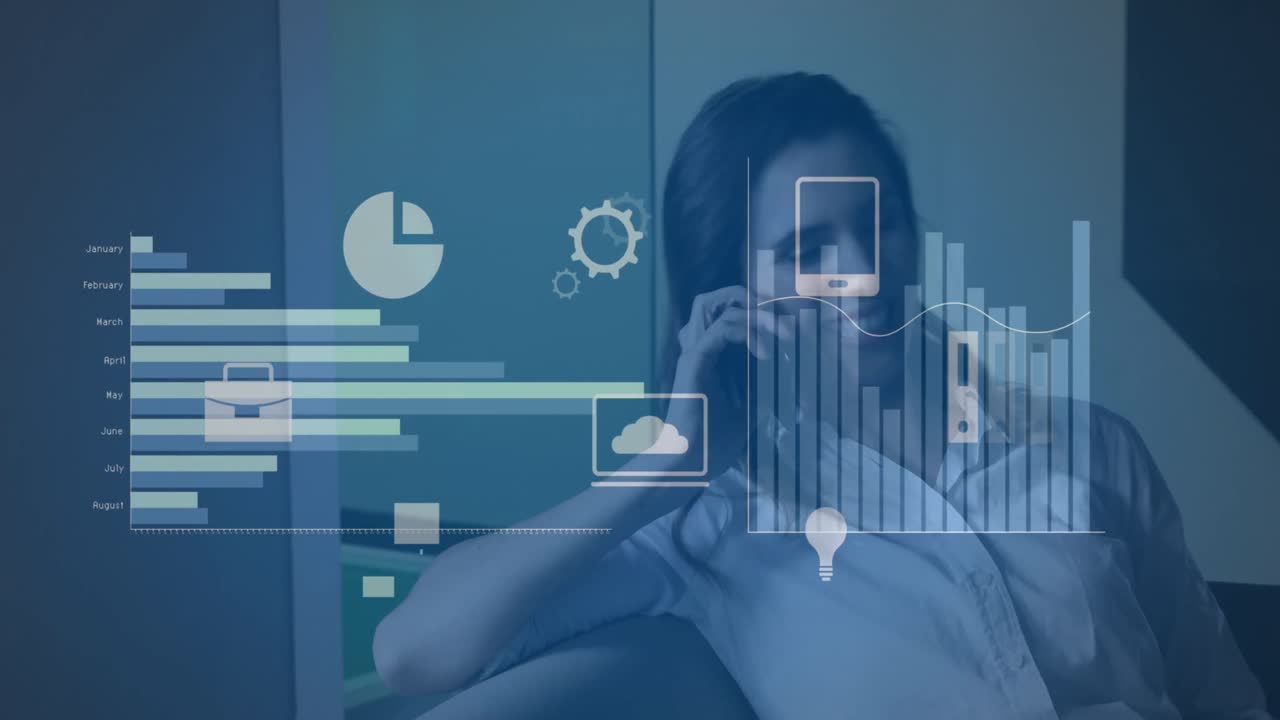 animación de múltiples gráficos e iconos de computadora, mujer caucásica hablando en teléfono móvil