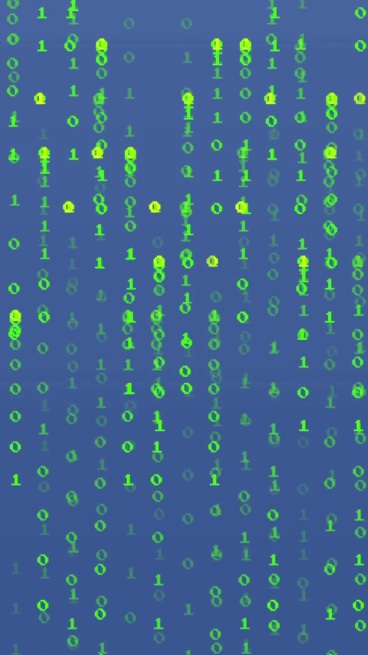Animation of binary coding data processing over blue background
