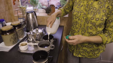 person pouring milk into tea