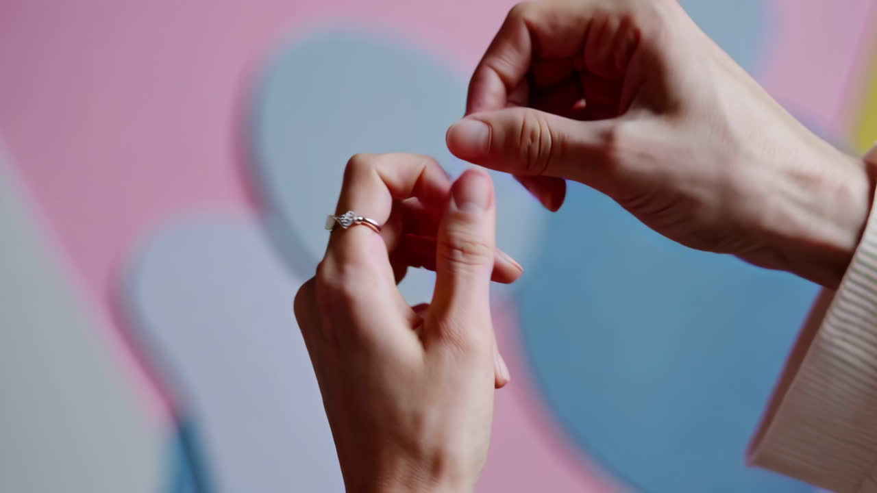 Stylish Hands Adorned with Rings and Bracelet Against Abstract Background