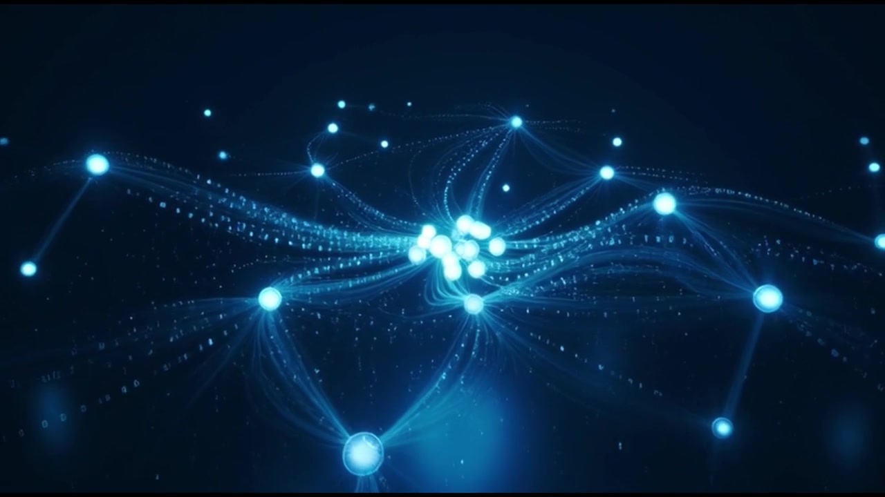 Digital Network Connection with Glowing Nodes and Binary Data Streams