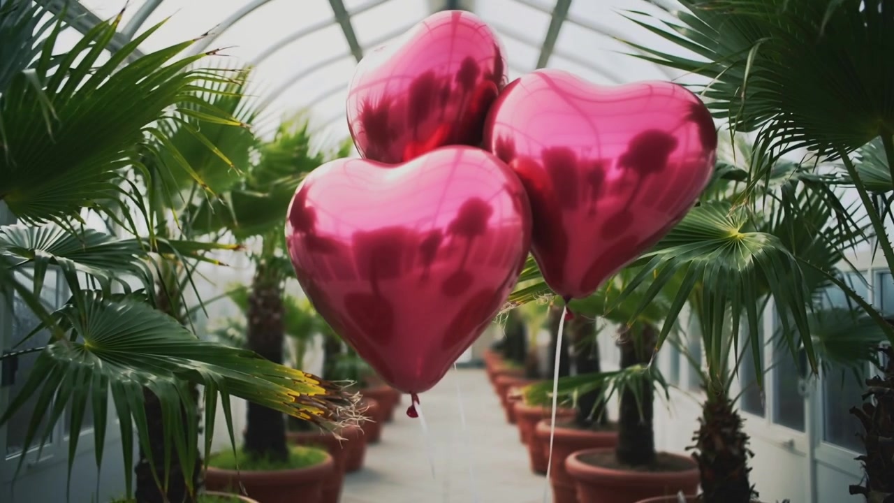 Tres globos de corazón de metal rosa flotando a lo largo de un sendero de invernadero, mientras un dúo suelta las cuerdas, reflejando su imagen.