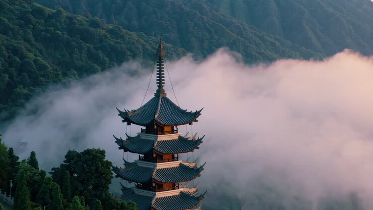 Pagode chinoise mystique dans les montagnes brumeuses