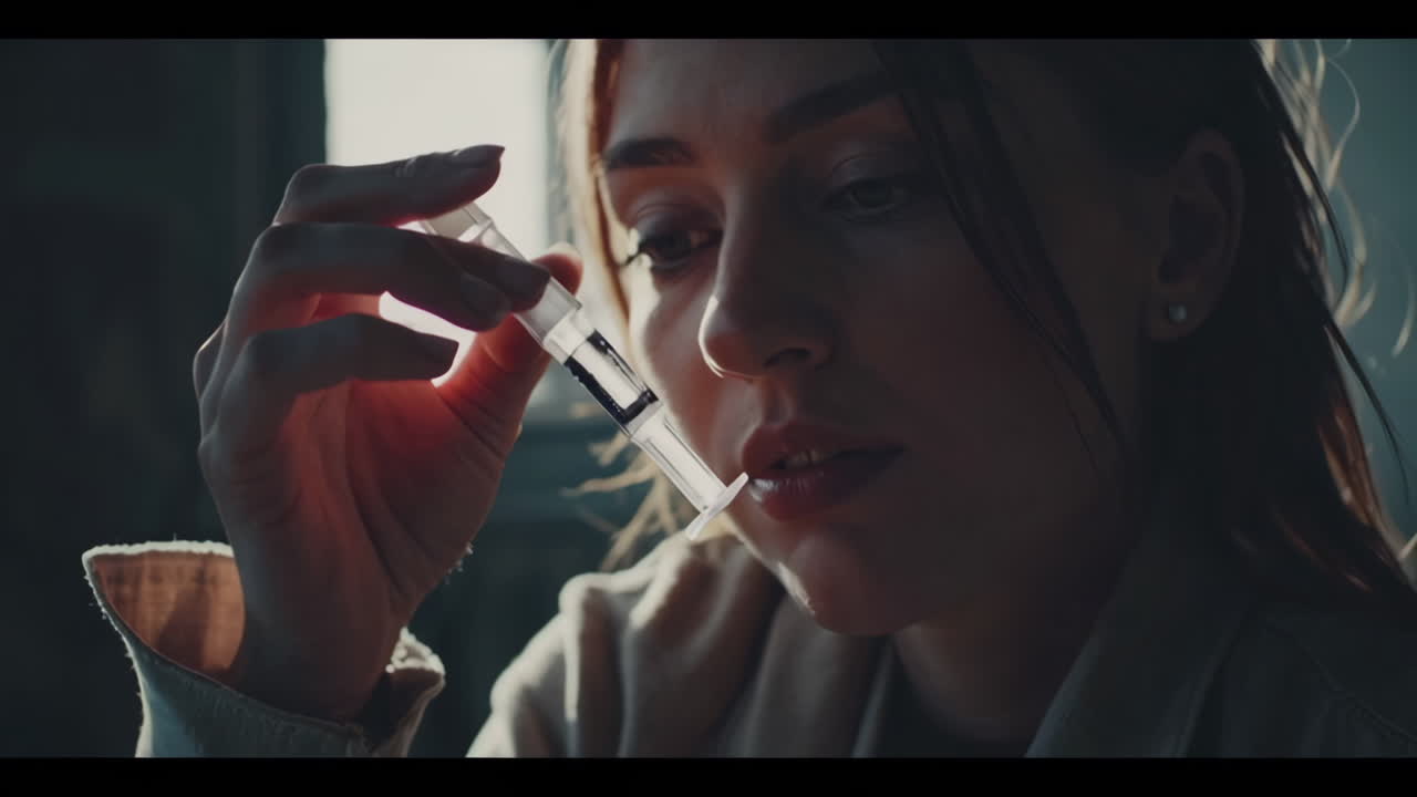 Woman Examining a Syringe