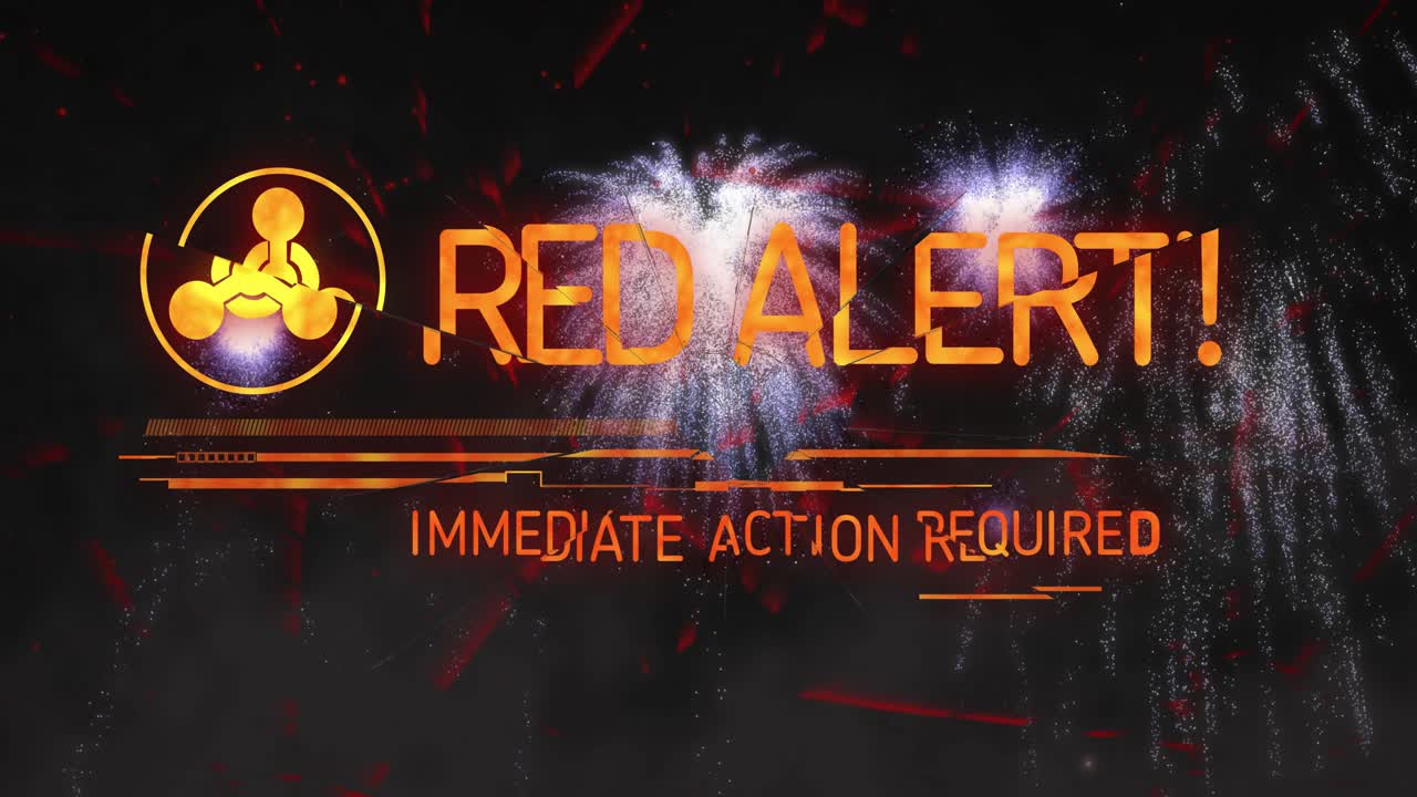 Ember specks drifting before glowing three-node icon fading in and launching RED ALERT animation