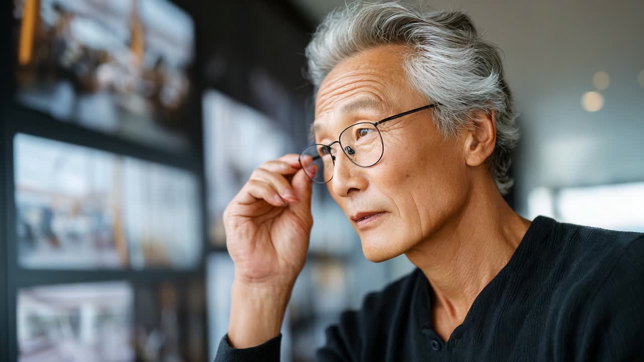 An elderly man with grey hair and glasses analyzes visual content while adjusting his eyewear, reflecting on insights and thoughts in a modern environment filled with creative inspirations