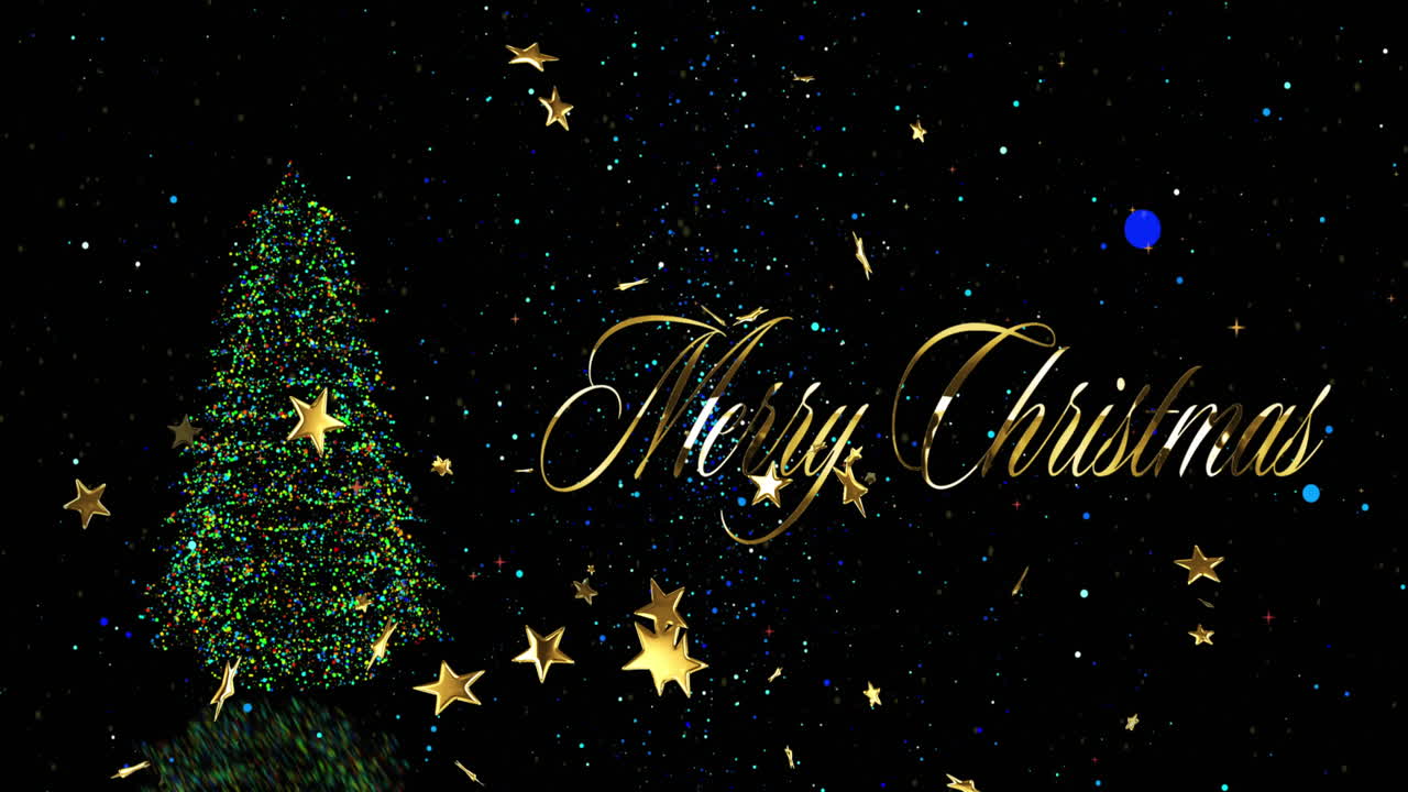 크리스마스 축하 문서의 애니메이션 크리스마스 트리와 금색 별