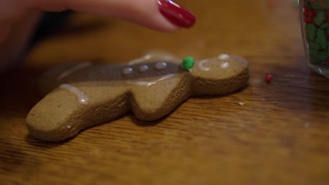 close-up shot of a lady putting icing on a gingerbread man