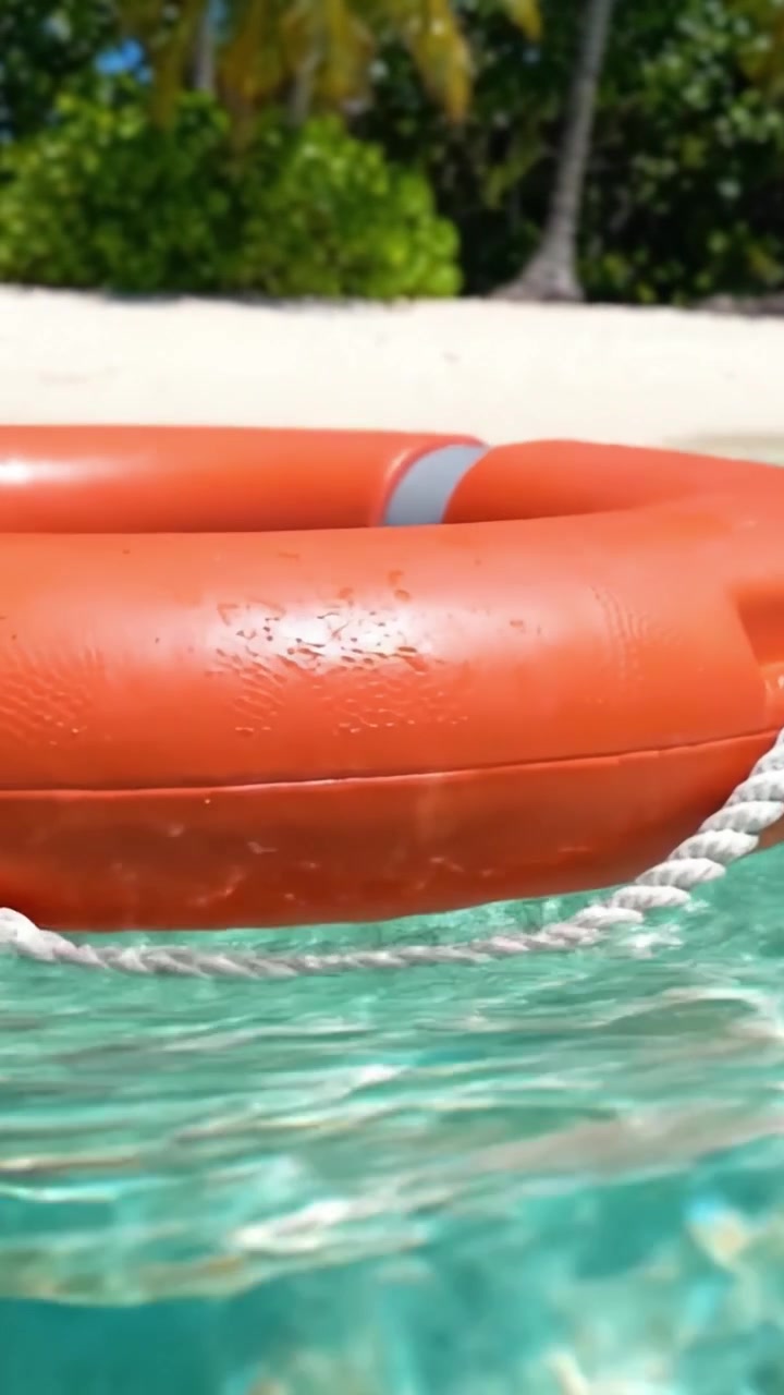 A Close-Up View of an Orange Life Buoy Floating in Pristine Crystal Clear Waters, Set Against a Serene Tropical Beach Background