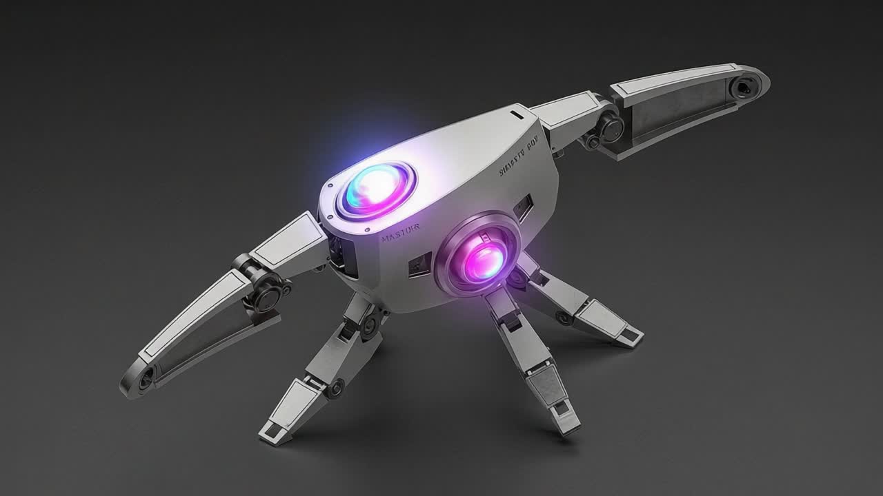 Futuristic Robotic Device: An Innovative Mechanical Design Featuring Multi-Directional Rotating Arms and Vibrant Optical Sensors for Enhanced Interaction and Functionality