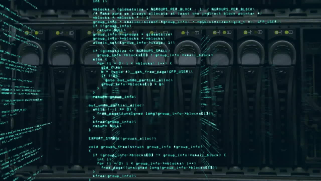 Animation of computer language over back panel of data server modem