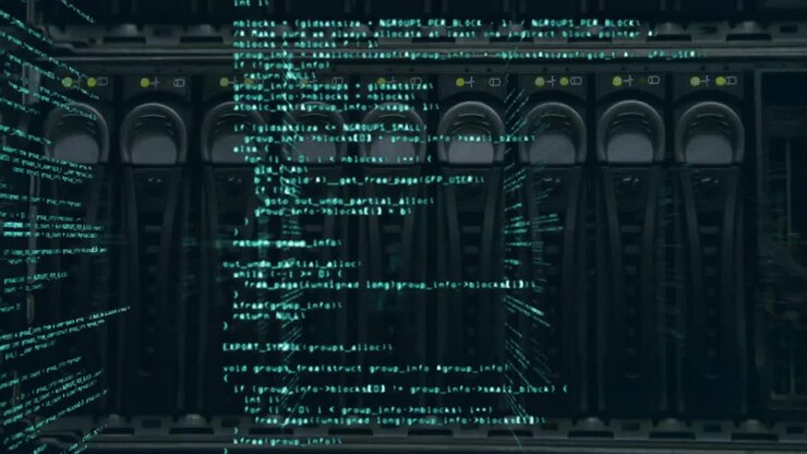 Animation of computer language over back panel of data server modem