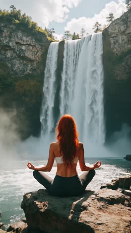 woman meditating by a waterfall