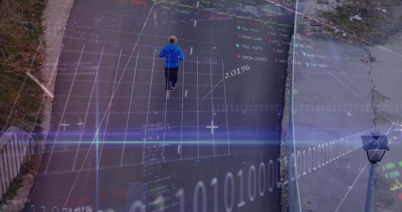 Animation of financial data processing over caucasian man running on street