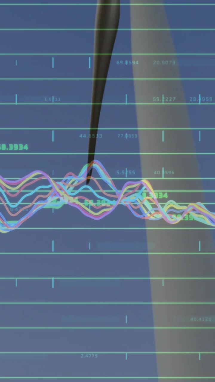 Wind turbine with data processing animation overlaying blue sky background