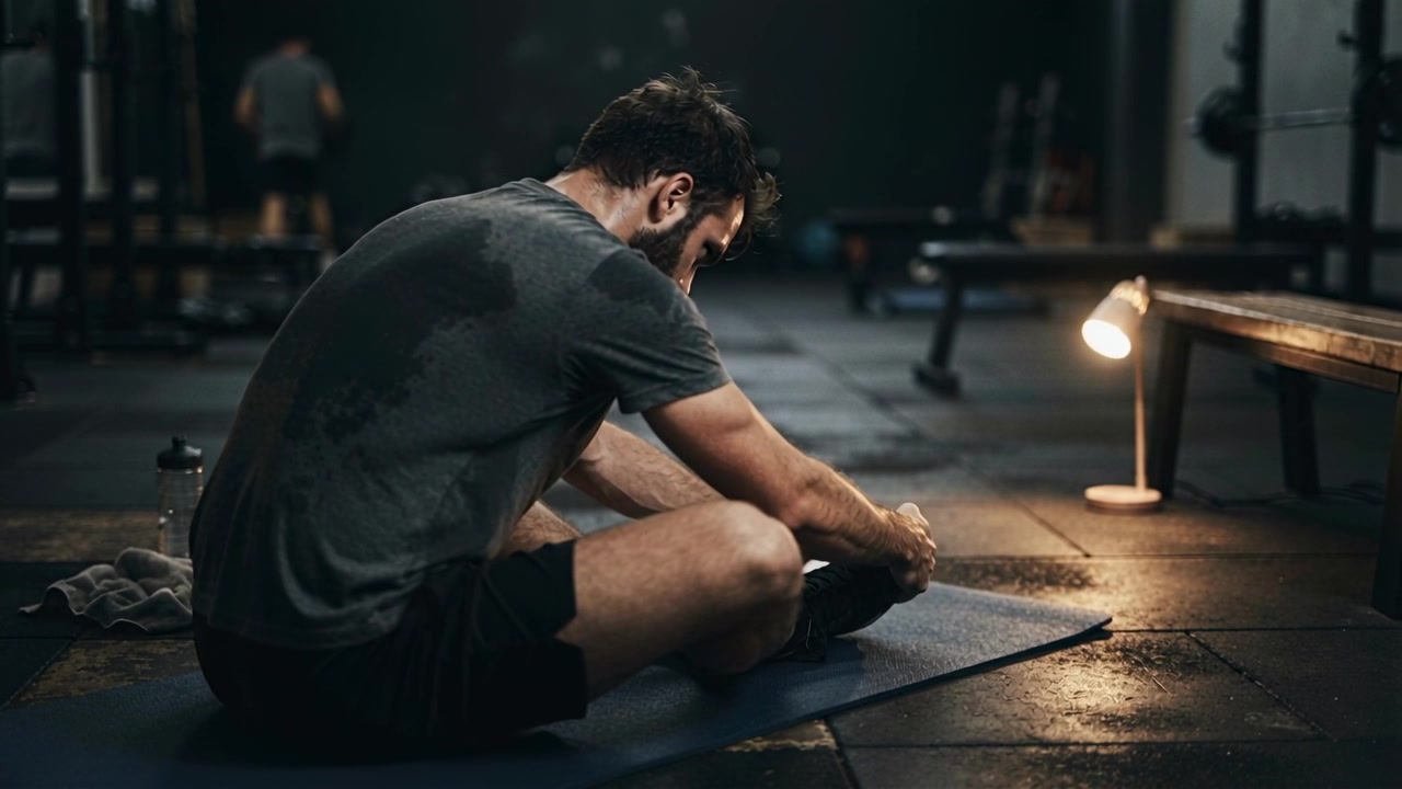 Uomo adulto con una maglietta sudata che si allunga dopo l'allenamento, su un tappetino blu scuro in palestra, afferrandosi le dita dei piedi.