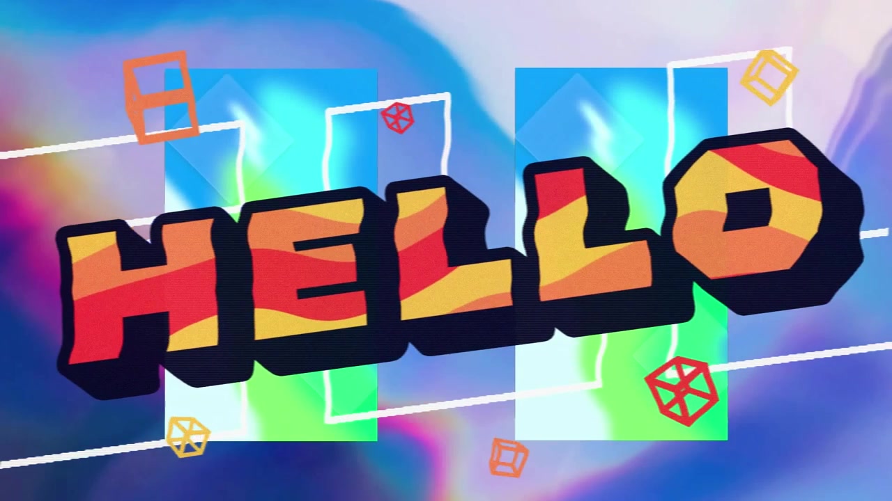 파란색 ���경에 ���온 패턴 위로 'Hello' 텍스트 애니메이션